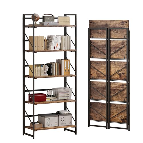JSB No Assembly Folding Bookshelf, 5 Tier Industrial Metal Book Shelf for Storage, Vintage Wood Foldable Bookcase for Living Room, Bedroom, Office Organization Shelves