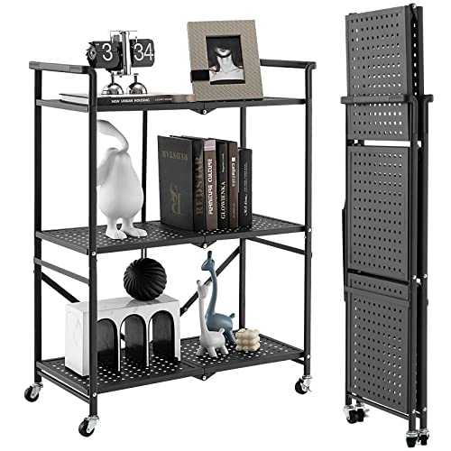 KOMFOTTEU Carrello Cucina Pieghevole a 3 Ripiani, in Mettallo, Scaffale Cucina con Ruote, Scaffale per Microonde, Forno, Tostapane, Carrello di Servizio Salvaspazio, 73 x 33 x 94 cm, Nero
