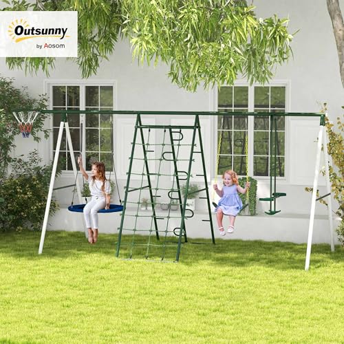 Outsunny 528 lbs Swing Set for Backyard, 5 in 1 Heavy-Duty A-Frame Stand Outdoor Playset for Kids, with Saucer Swing, Slide, Swing Seats, Glider, Basketball Hoop, Climbing Steps and Net