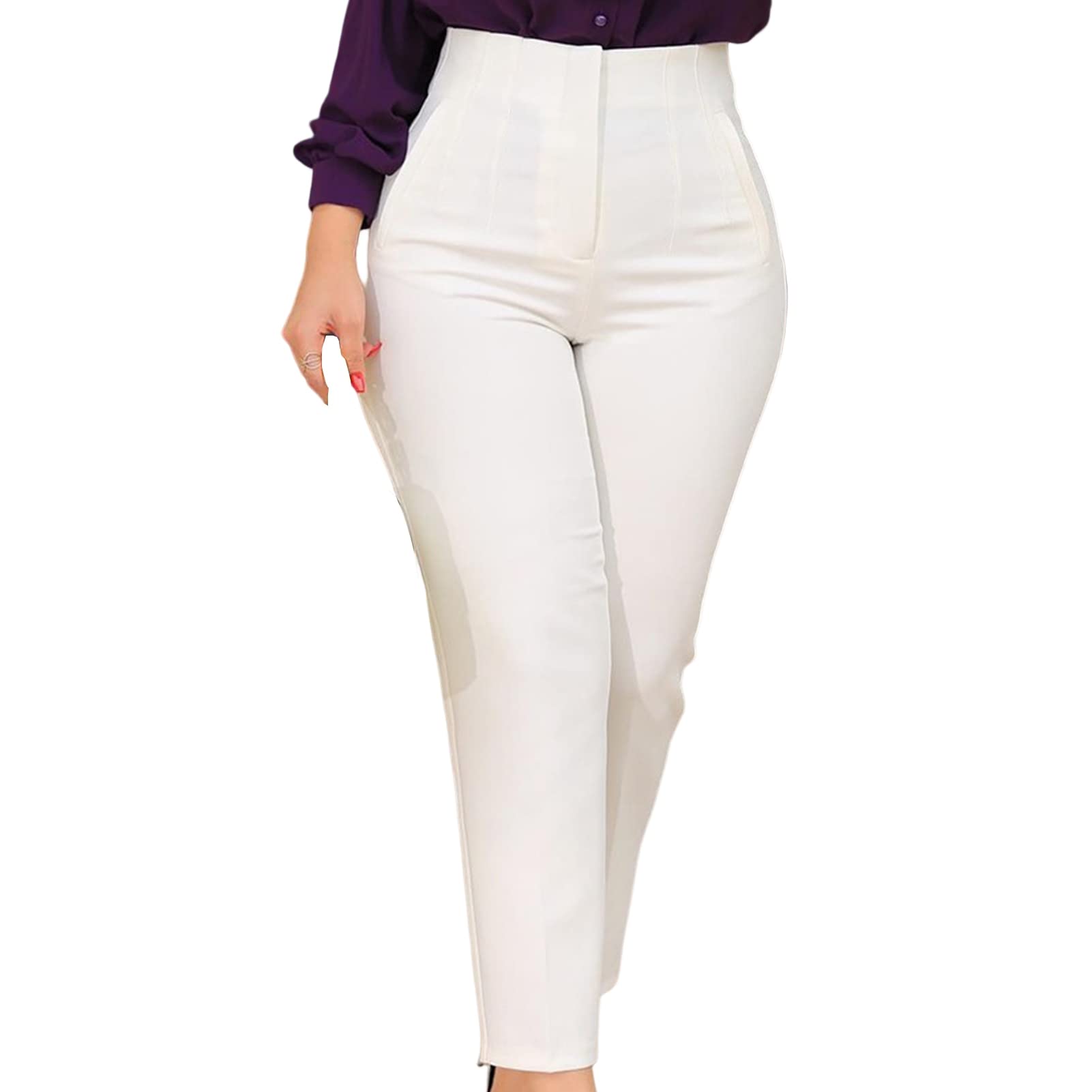 Office Pants High Waist Pleated Pockets Ninth-Length Women Trousers Solid Color Straight Leg Suit Pants Office Pants Work
