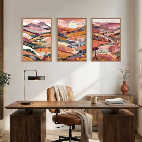Image of KAIRNE Boho Colorful Mountain Framed Canvas Wall Art Set,Abstract Pink Landscape Wall Decor,Watercolor Forest Art Prints,Nature Scenery Artwork for Living Room,Bedroom,Farmhouse,Office-16 x24 x3