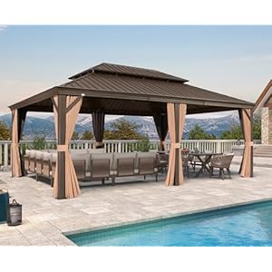   PURPLE-LEAF-14-X-20-Outdoor-Hardtop-Gazebo-Patio-Wide-Aluminum-Frame-Metal-Double-Roof-with-Heavy-Duty-Netting-and-Curtains-for-Permanent-Hard-Top-Pavilion-Screen-Khaki