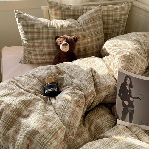 Image of mixinni Queen Duvet Cover Set - 3 Piece Washed Cotton Vintage Geometric Plaid Bedding Set with Zipper Closure, Soft & Breathable Green Pink White Buffalo Check Pattern for All Seasons