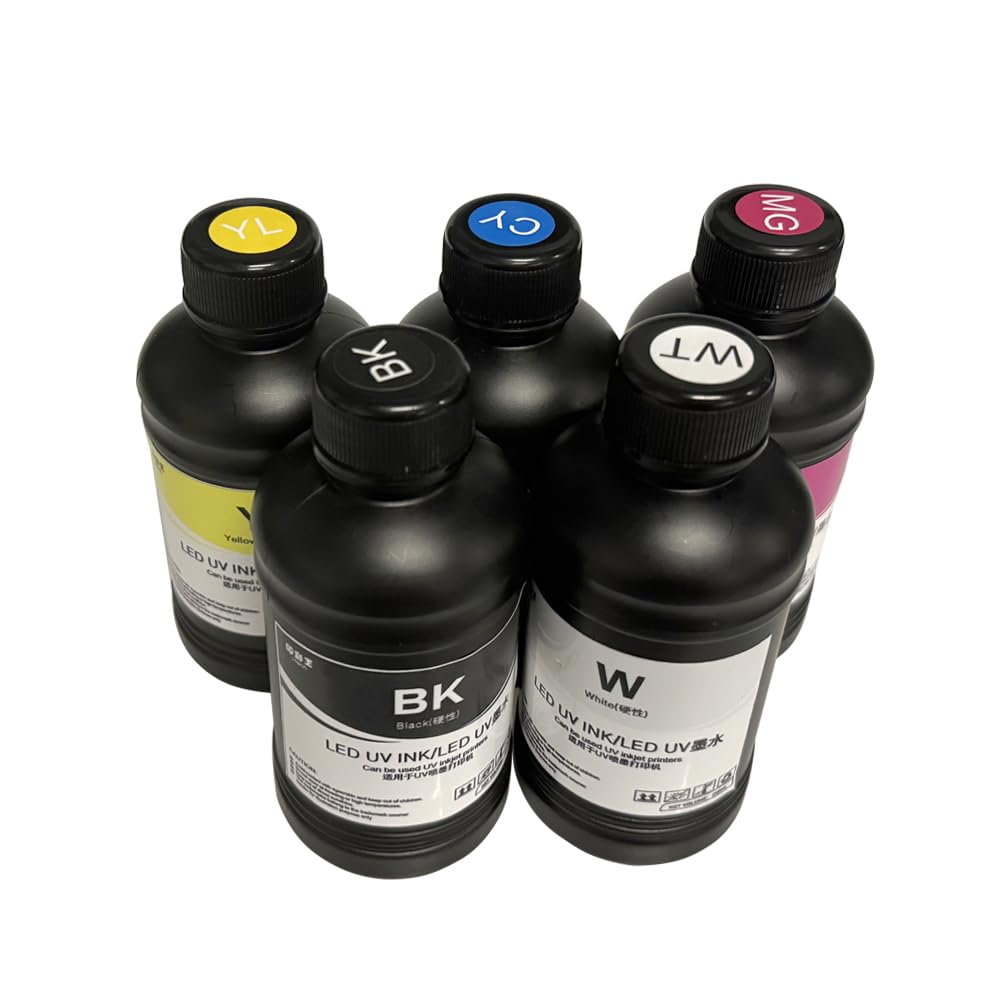 Inchiostro UV LED per stampante UV, 5 x 250 ml, 5 colori: ciano, giallo, nero, magenta, bianco