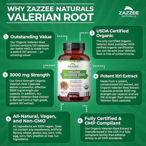 Zazzee Usda Organic Valerian Root 10:1 Extract, 3000 Mg Strength, 120 Vegan Capsules, 4 Month Supply, Valeriana Officinalis, 10X Potency, 100% Vegetarian thumb #6