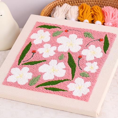 Image of Embroidery Punch Needle kit Frame, Embroidery Starter Kits for Beginner Kids,Punch Needle Fabric with Pattern,Threader, Yarns,Embroidery Hoops & Rug Punch(Pink)