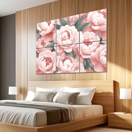6 Pack Paneles acústicos decorativos rosa con flores peonía, paleta suave verde. Paneles autoadhesivos para absorbción de sonido en estudios y oficinas 72"x48" miniatura 5