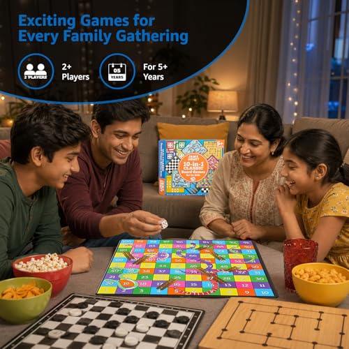 Image of Amazon Brand - Jam & Honey 10-in-1 Classic Board Games for Smart Kids|Chess,Ludo,Snakes & Ladders,Checkers & More|Boosts Decision Making,Strategic Thinking & Problem Solving|Ages 5+ Years(Multicolor)