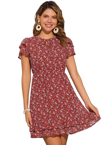 Image of Allegra K Women's Ruffle Sleeve Self-Tie V Neck Flowy Ruffled A-Line Floral Chiffon Dress