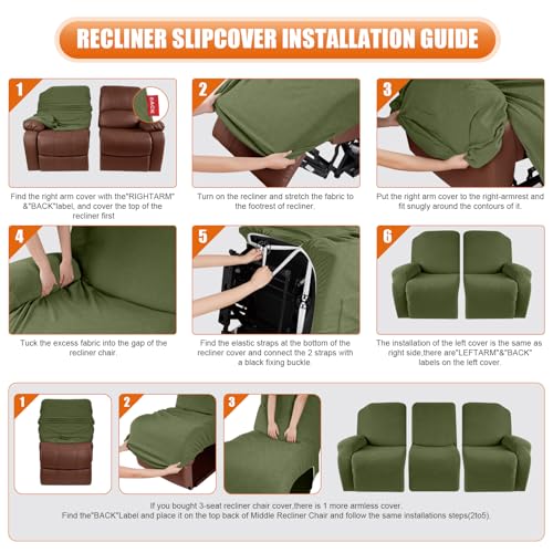 Image of VANSOFY Recliner Sofa Covers, 3-Pieces Stretch Reclining Couch Covers with Pockets Reclining Couch Slipcovers 3 Seater Soft Washable Furniture Protector for Dogs Cats(Army Green)