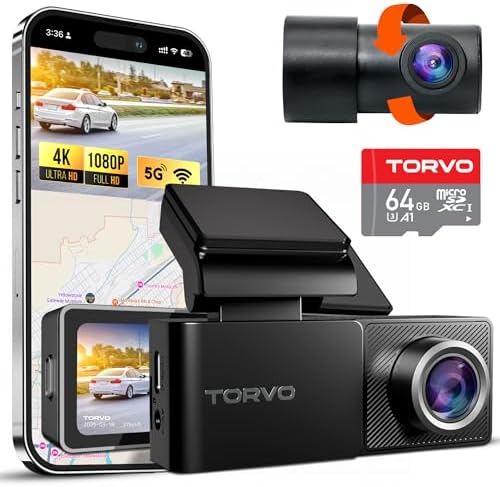 TORVO TD3 4K Dash Cam Front and Rear with App, Car Video Camera 4K+1080P with 5G WiFi Wireless & GPS, Free 64GB Card, Night Vision Dashcams, 24/7 Recording When Car is Off, Security Cameras for Cars