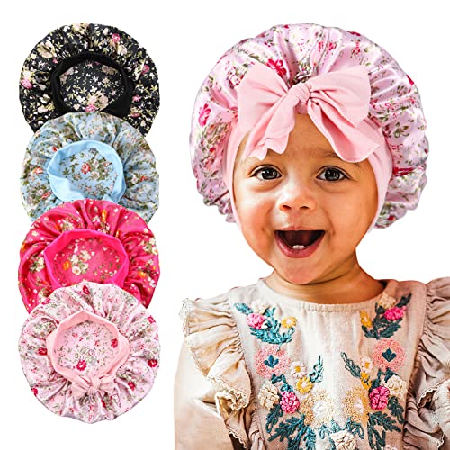 4Pcs Kids Satin Bonnets, Silk Hair Bonnet for Sleeping, Soft Wide Elastic Band Sleeping Cap for Curly Natural Hair, Kids Bonnets for Girls Boys Toddler Shower Cap