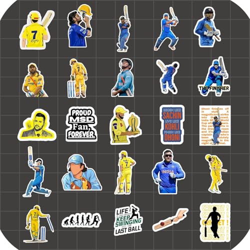 Image of MS Dhoni Stickers 25 Pcs - Cricket Waterproof Vinyl Sticker Pack for Laptop, Mobile, Bike, Helmet, Car & Bottle | Dhoni Fan Merchandise Gift Collection CSK Stickers