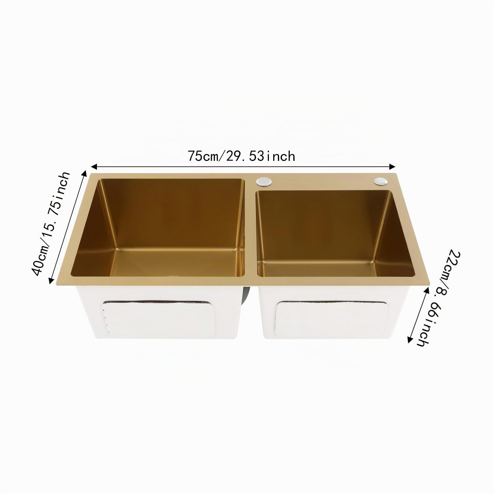 Évier de cuisine à 2 bacs en acier inoxydable 75 x 40 x 22 cm sans robinet pour cuisines, restaurants, magasins de desserts, cafés (doré)