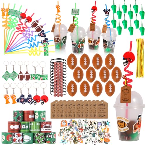 LiYiQ 158 Pcs Football Party Favors Football Party Supplies with Cup Straw Stress Ball Keychain Sticker Slaps Bracelets Whistle Thank You Tags for Football Birthday Decorations