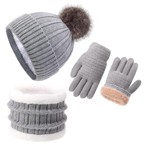 Image of Kids Winter Beanie Hat Gloves Scarf Set 1-10 Years Old Girls Boys Mittens Knit Neck Warmer Warm Fleece lining