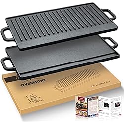 Sartenes Hierro Francesas Overmont Sartén Reversible de Plancha de Hierro Fundido Antiadherente Parrilla Rectangular con Asas para Barbacoa Grill Inducción Negro 42 x 23 cm