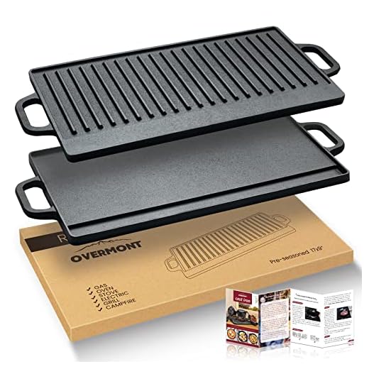 Overmont Sartén Reversible de Plancha de Hierro Fundido Antiadherente Parrilla Rectangular con Asas para Barbacoa Grill Inducción Negro 42 x 23 cm