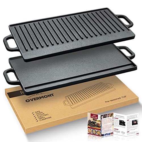 OVERMONT Gusseisenplatte Grillplatte Gusseisen Doppelseitiger Grill mit Griffen 50,8 x 23,4 cm für BBQ Ofen Herd Holzkohlegrill Gasgrill