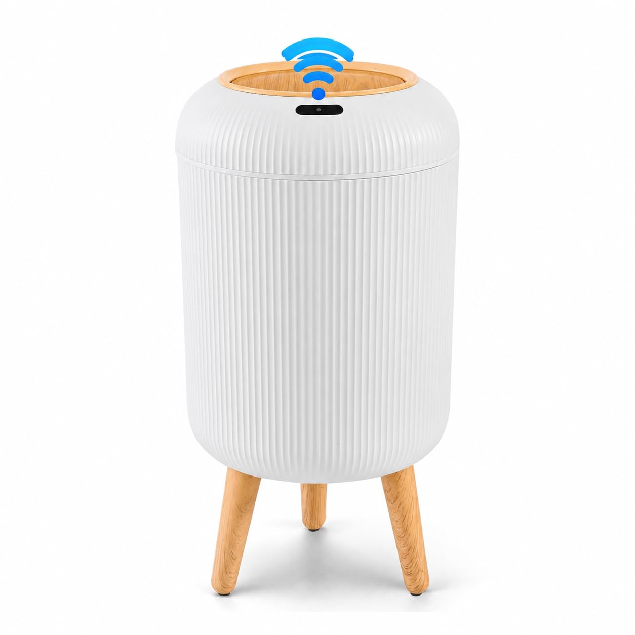 Papelera Automática 10L con Sensor para Baño, Blanca - Cubo Basura Inteligente con Diseño Redondo Elegante, Patas de Madera y Apertura Sin Contacto para Salón, Dormitorio u Oficina (10L)