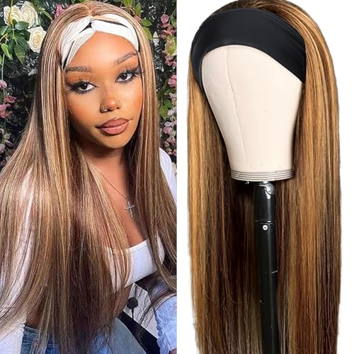 Image of Aiterina Headband Wig Human Hair Straight Human Hair Wigs for Black Women Virgin Brazilian Machine Made Wigs 4 /27 Blonde Machine Made Human Hair Wig 150% Density 18 Inch