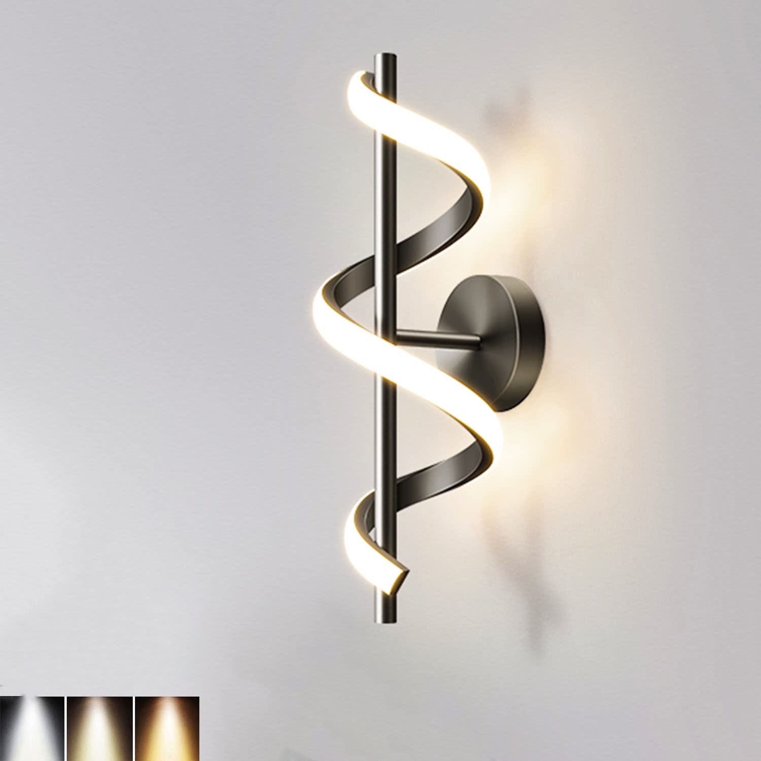 Wall Lamp Sconce Light 12W LED Modern Spiral Indoor Dimmable 3 Light Colours Bedside Lamp Wavy Corridor Lamp Decorative ing,Black