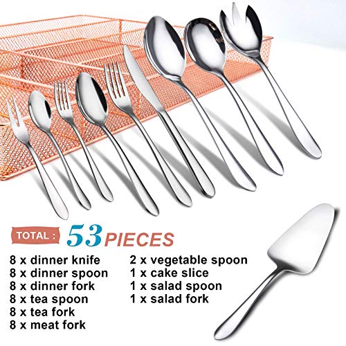 Elegant Life Silverware Set 53-Piece with Organizer Tray for 8, Including 40-piece Cutlery Set, 5-piece Serving Set, 8-piece Meat Forks Stainless Steel Cutlery Set, Mirror Polished (Pink)
