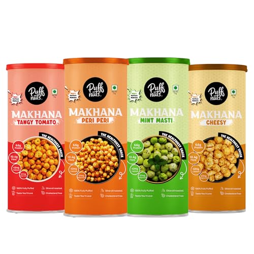 Image of Puffnuts COMBO of 4 Roasted and Flavoured Makhana | Healthy Snack | Namkeen Snacks | Puffed Snacks | Gluten Free | Cholesterol Free | Protein Rich | Fiber Rich | With Calcium & Magnesium | Roasted in Olive Oil - 308g (Pack Of 4 x 77g, Mint Masti, Peri Peri, Cheese, Tangy Tomato)