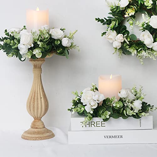 Acmee 4 Pcs White Rose Candle Rings - Artificial Floral Wreaths With Eucalyptus Leaves Greenery Garland For Pillar Candleholders Wedding Centerpiece Party Home Table Decor #TOP5