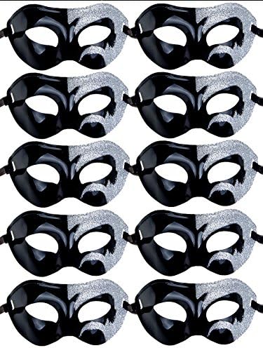 IETANG 10pcs Set Mardi Gras Half Masquerades Venetian Masks Costumes Party Accessory (0-Black&Silver)