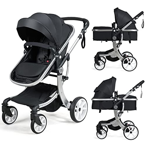 BABY JOY 2-in-1 High Landscape Baby Stroller, Reversible Bassinet Reclining Stroller, Foldable Push Chair w/Adjustable Canopy, Storage Bag, Foot Cover, Rain Cover & Net, Aluminum Alloy Frame (Black)