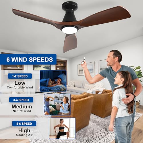 Image of Depuley 42-Inch Ceiling Fans with Lights: Walnut 3 Blade Flush Mount Low Profile Ceiling Fan for Bedroom - Dimmable Indoor Outdoor Fan with Remote Control Ultra Quiet DC Motor Timer