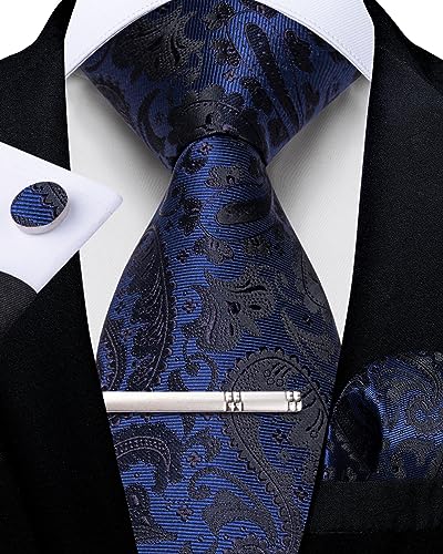 Image of DiBanGu Paisley Ties for Men Silk Necktie and Pocket Square Cufflinks Tie Clip Set Woven Classic Mens Tie for Wedding Party