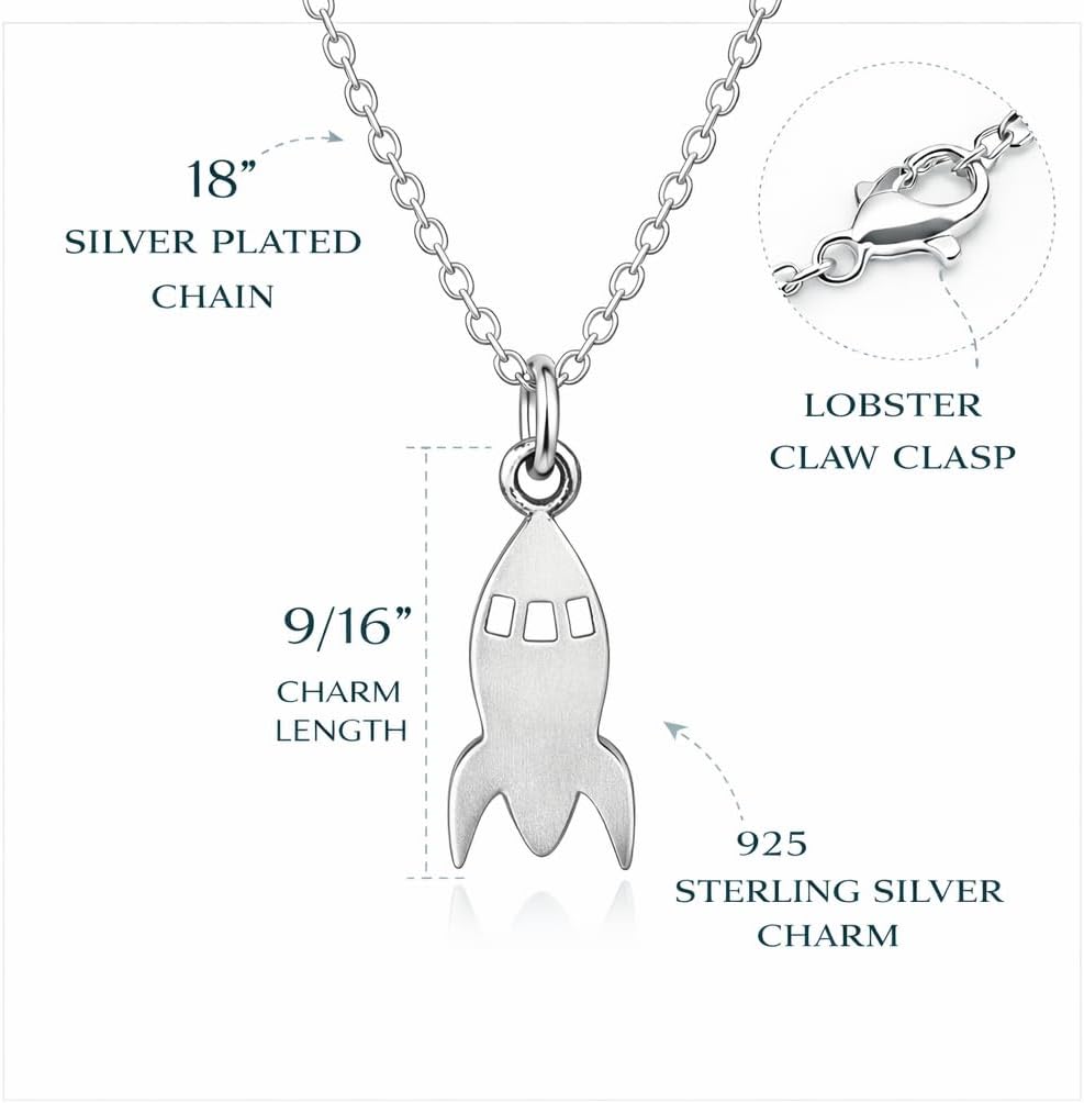 EnCharmed Tiny Retro Rocket Ship Charm Necklace for Women, Sterling Silver Dainty Handmade Necklace, Outer Space Sci-Fi Pendant, Everyday Minimal Layering Jewelry, 18"