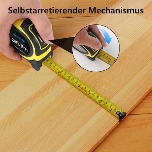VENUSTEK Maßband Massband, 8 m (26 Fuß), Profi Bandmaß mit Gürtelclip,Feststeller, gelb lackiert mit Zoll- und mm Skala, für Haushalt, Heimrenovierungen und Baustelle