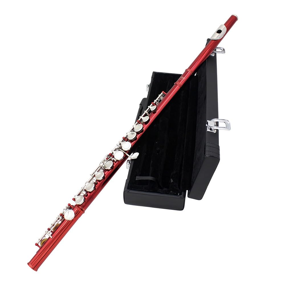 Flauta roja de 16 orificios, tecla C, cuerpo de tubo de cobre blanco, orificio de sonido técnico de dibujo en frío, multicolor opcional, adecuado for principiantes, caja de almacenamiento de cuero y j