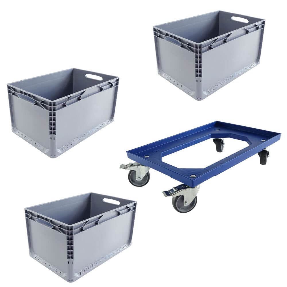 EU Set 1 Transportroller mit 2 Bremsen und 3 Eurobehälter 60x40 cm Eurobox Stapelbox Lagerkiste
