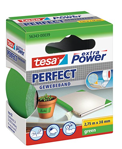 tesa Extra Power Perfect - Cinta de Reparación Reforzada en Tela para Confeccionar, Reparar, Fijar, Reforzar y Etiquetar - Verde - 2.75 m x 38 mm