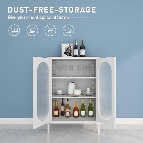 Miniatura 5 de LINGZOE Armario de metal con 2 puertas de cristal armario de aparador de buffet con almacenamiento armario de acento blanco para cocina sala de