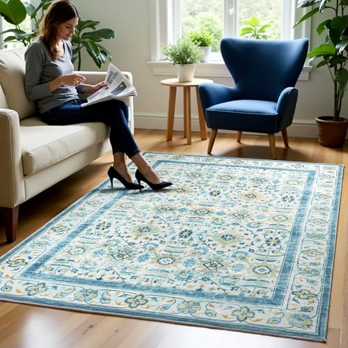 Zentavio 4x6 Washable Area Rugs, Vintage Non-Slip Floral Living Room Rug, Indoor Foldable Floor Thin...