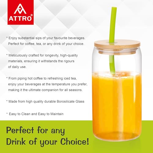 Image of ATTRO 400ml Drinking Glass with Wooden Lid & Silicone Straw Travel Sipper Tumbler- Ideal for Juices, Smoothies &Cocktails - Durable, Leak Proof Glass for On the Go