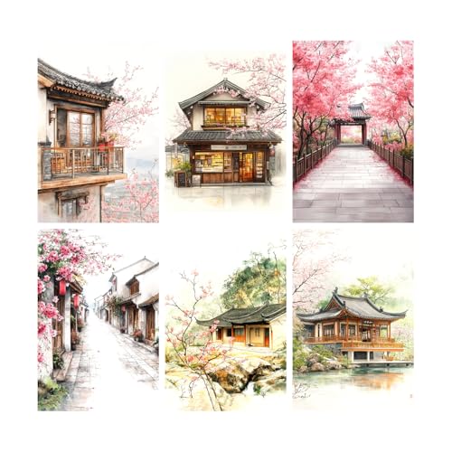 Image of SiddArtify Asian Architecture Wall Art Prints Set - Watercolor Building Poster Decor for Living Room Bedroom Office - 8x12 Sticker Pack of 6