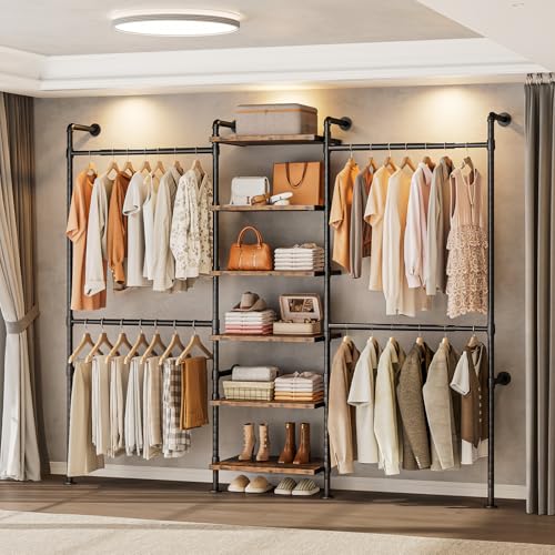 T1 Wall Mounted Closet System, Industrial Pipe Clothing Rack with 6 Wooden Shelves & 4 Telescopic Rods, Heavy Duty Closet Organizers and Storage in Wardrobe Closet (Rustic Brown)