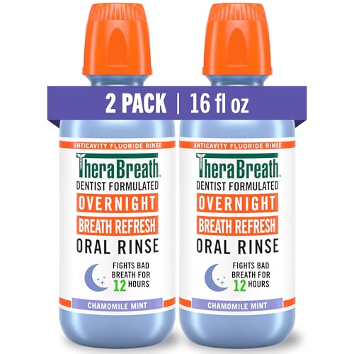 TheraBreath Overnight Mouthwash, Fights Bad Breath for 12 Hours, Chamomile Mint Flavor, Dentist Formulated, Fluoride Rinse, Alcohol Free, 16 fl oz (Pack of 2)
