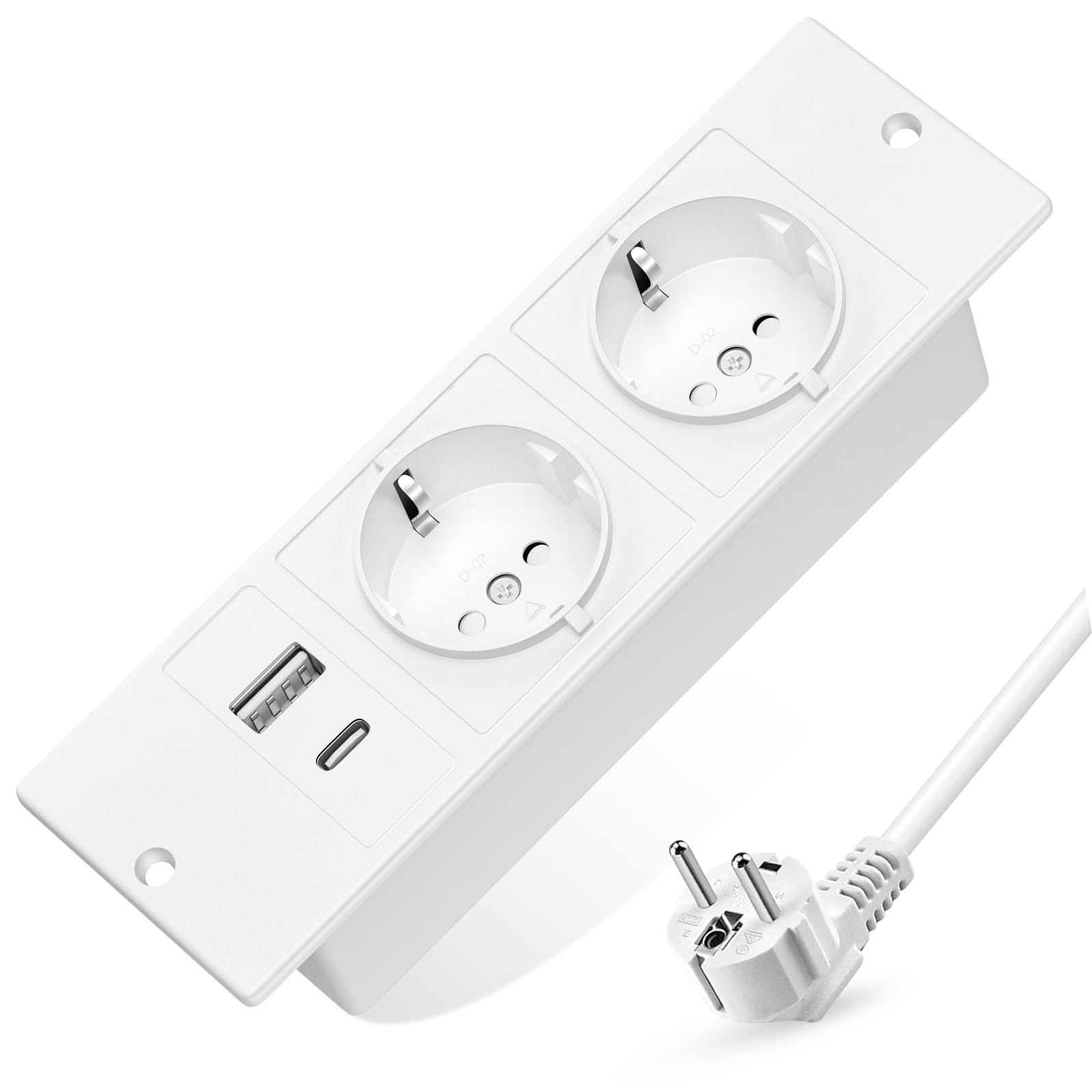 Versenkbare Steckdose 2 Fach, Einbau Steckdosenleiste mit USB, Einbausteckdose Mehrfachsteckdose, Tischsteckdose mit USB C, Tischplatte Versenkte Steckdose - 1,5M Kabel Weiß