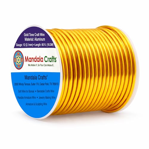 Image of Mandala Crafts 12 Gauge Gold Tone Anodized Aluminum Craft Wire, 60 FT | Colored, Flexible, Bendable, for Bonsai, Armature, Sculpting, Wire Wrapping, Jewelry Making, Weather & Tarnish Resistant