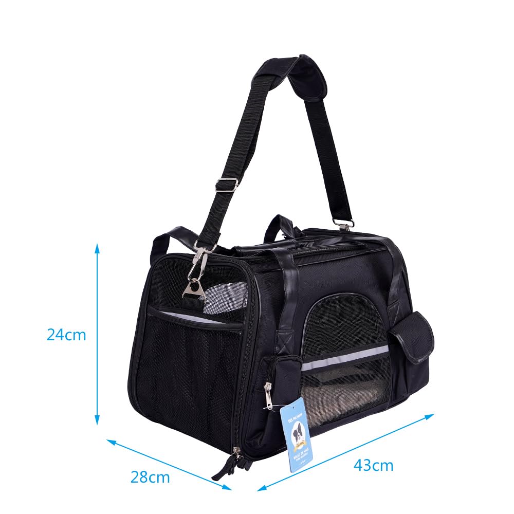 Trasportino per cani e gatti, borsa per trasportatore da viaggio, traspirante, con tasche laterali a due porte, con tracolla per auto, colore: nero, 24 x 28 x 43 cm