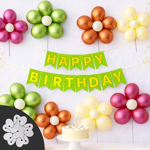 Image of The FOMO Factory 8 Pcs Flower Balloon Clips + 50 Chrome Metallic Balloons with lime green HBD Banner - Earthy Jungle Theme Birthday Decoration Items for Kids, & Events (EarthyFC)