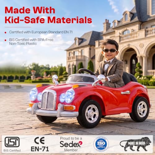 Image of Toyzone Vintage Electric Ride on Car TZ-128 (Red) | Frequency 2.4 Ghz |Lights and Music | Seat Belt for Safety |Perfect Tyre Grip | Make in India | Indoor and Outdoor Toy
