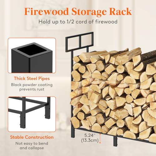 Lifewit 8 FT Firewood Rack Outdoor with Waterproof Cover, Indoor/Outdoor Wood Storage with Side Pocket, Heavy Duty Firewood Holder for Fireplace, Fire Pit, Patio, Black